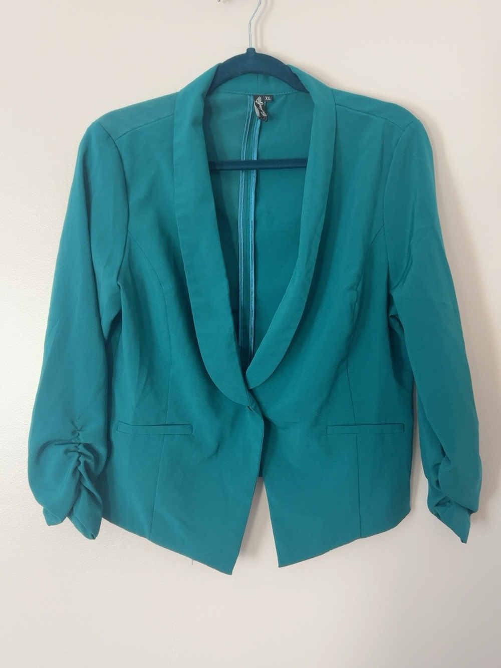 Teal Shawl Collar Blazer with Ruched Sleeves